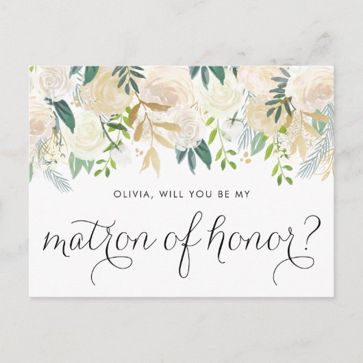 Soft Ivory Floral werden Sie meine Ehrenmatrone se Einladungspostkarte (Vorderseite)