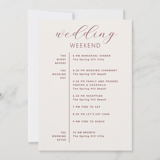 Soft Ivory Script Wedding Timeline + Welcome Einladung (Rückseite)