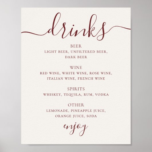 Soft Ivory Wedding Drinks Menu | Script Bar Sign Poster (Vorne)