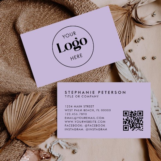 Soft Lavender Elegant Custom Company Logo QR Code Visitenkarte