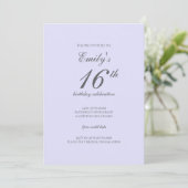 Soft Lavender Minimalist 16th Birthday Invitation Einladung (Stehend Vorderseite)