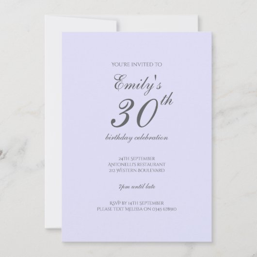 Soft Lavender Minimalist 30th Birthday Invitation Einladung (Vorderseite)