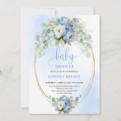Soft Light Blue Peonies Greenery Gold Baby Shower Einladung (Vorderseite)