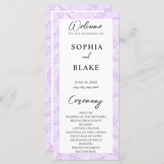 Soft Lila Blätter und Foliage Wedding Program (Vorne/Hinten)