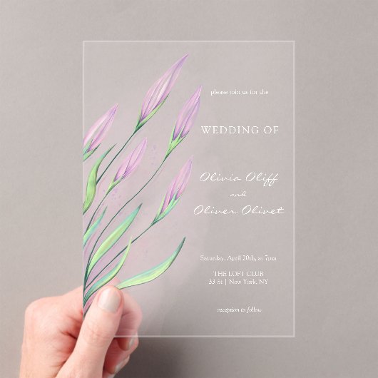 Soft Lila Lilies Wedding Acryleinladungen (Insitu (Handheld))