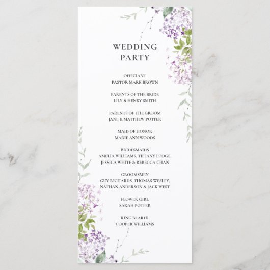 Soft Lilac Lila Blumengrün Hochzeitsprogramm Programm (Rückseite)