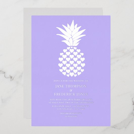 Soft Lilac & Silver Tropical Pineapple Wedding Folieneinladung (Vorderseite/Rückseite)
