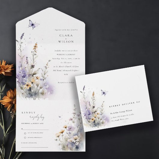 Soft Lilac Wildblume Butterfly Garden Wedding All In One Einladung