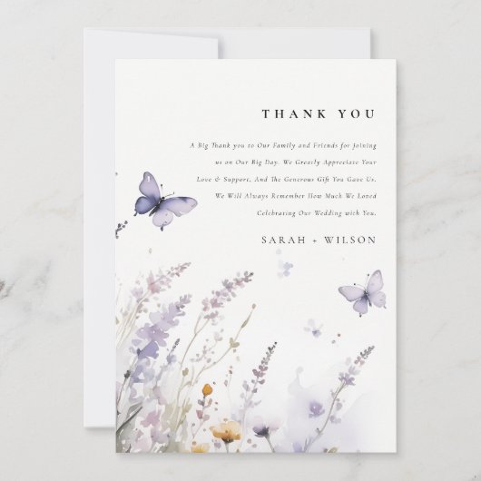 Soft Lilac Wildblume Butterfly Garden Wedding Dankeskarte (Vorderseite)