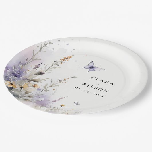 Soft Lilac Wildblume Butterfly Garden Wedding Pappteller (Schrägansicht)