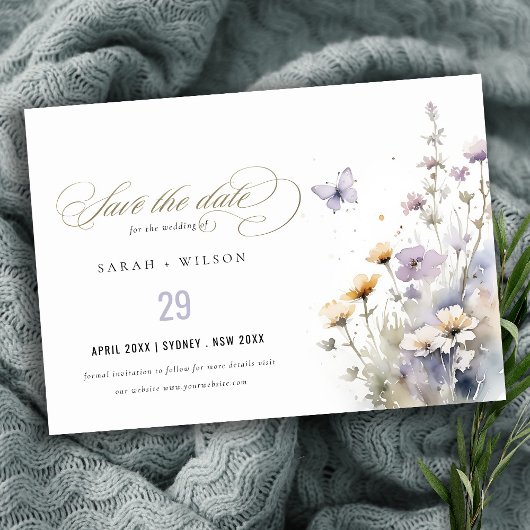 Soft Lilac Wildblume Butterfly Garden Wedding Save The Date