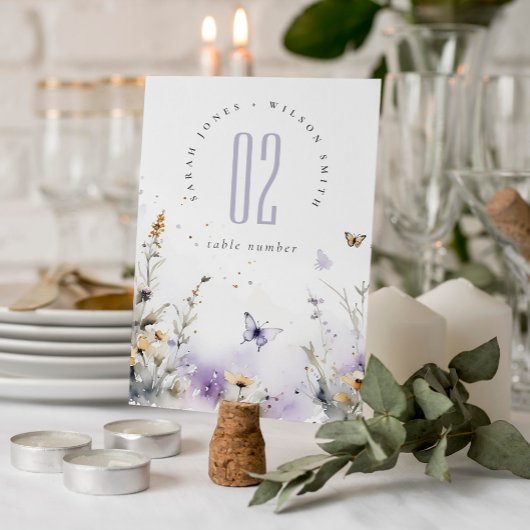Soft Lilac Wildblume Butterfly Garden Wedding Tischnummer