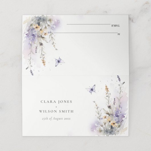 Soft Lilac Wildblume Butterfly Wedding Website Platzkarte (Außenseite Aufgefaltet)