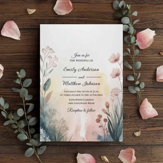 Soft Meadow Watercolor Floral Wedding Invitation Einladung
