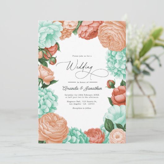 Soft Mint, Apricot & Warm Coral Floral Wedding Einladung (Stehend Vorderseite)
