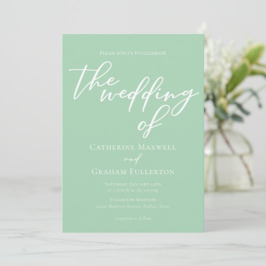 Soft Mint Green White Script Spring Wedding Einladung (Stehend Vorderseite)