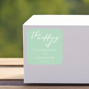 Soft Mint Green White Script Spring Wedding Quadratischer Aufkleber