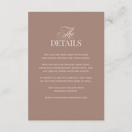 Soft Mocha Taupe | Luxe Wedding Guest Details Begleitkarte (Vorderseite)