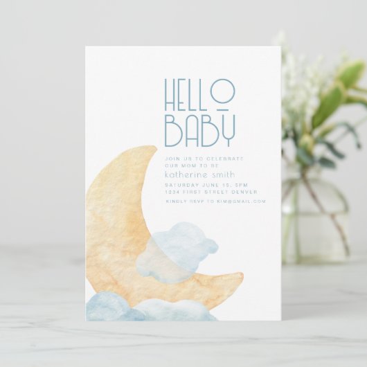 Soft Moon and Clouds Kinderdusche Einladung (Stehend Vorderseite)