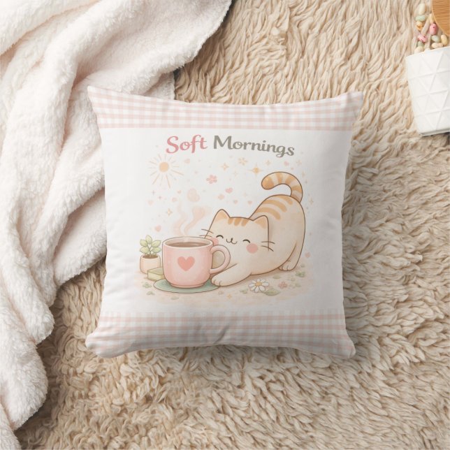 Soft Morning Cute Kitty Cat Pink Gingham Home  Kissen (Decke)