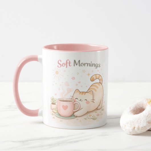 Soft Morning Kawaii Cute Cat Coffee Sweet Pink Tasse (Mit Donut)