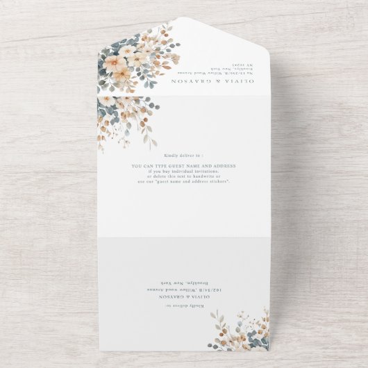 Soft Mute Earthy Tone Floral Water Wedding All In One Einladung (Außenbereich)