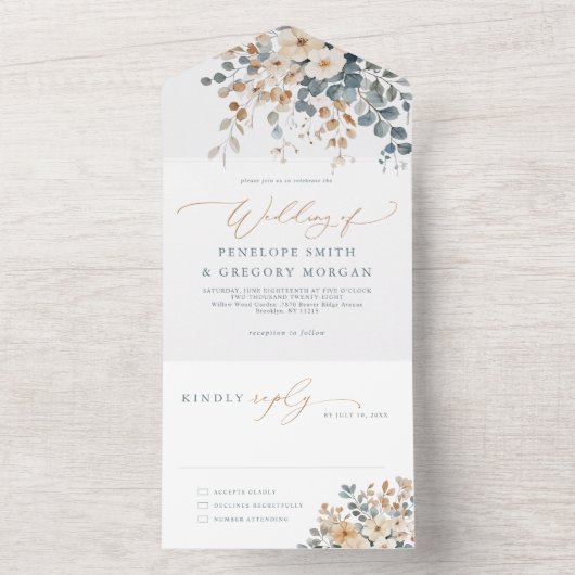 Soft Mute Earthy Tone Floral Water Wedding All In One Einladung (Innen Boden)