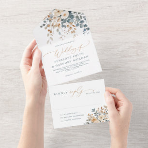 Soft Mute Earthy Tone Floral Water Wedding All In One Einladung