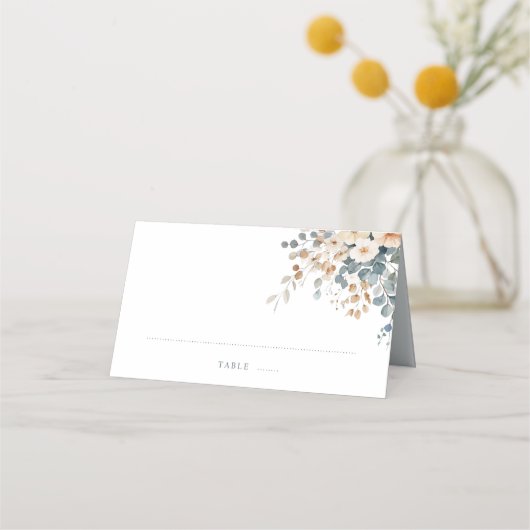 Soft Mute Earthy Tone Floral Water Wedding Platzkarte (Vorderseite)