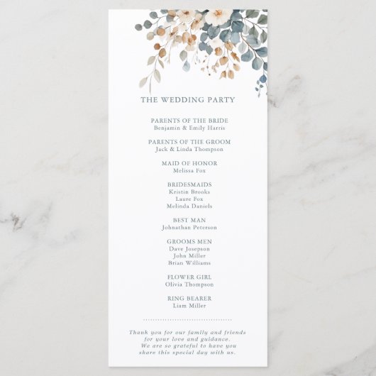 Soft Mute Earthy Tone Floral Water Wedding Programm (Rückseite)