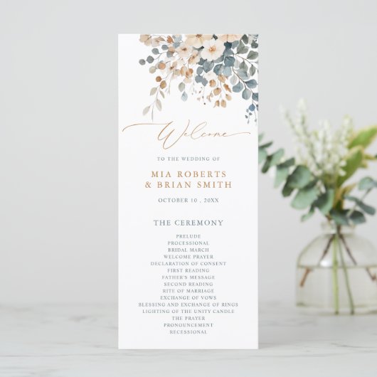 Soft Mute Earthy Tone Floral Water Wedding Programm (Stehend Vorderseite)