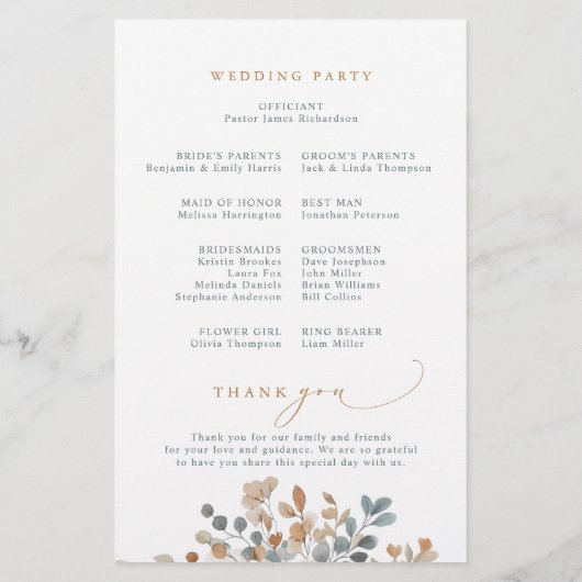 Soft Mute Earthy Tone Floral Wedding Program (Rückseite)