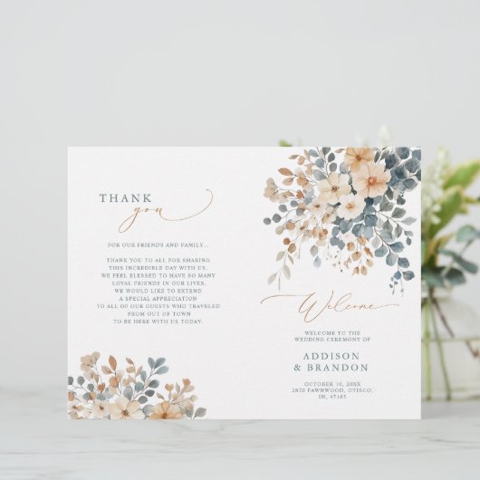 Soft Mute Earthy Tone Floral Wedding Program (Stehend Vorderseite)