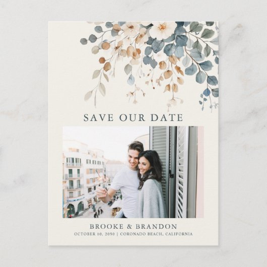 Soft Mute Erthy Tone Floral Foto Save the Date Postkarte (Vorderseite)
