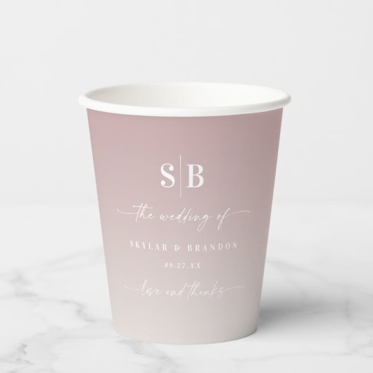 Soft Ombre Mauve Pink & Gardenia Wedding Monogram Pappbecher (Vorderseite)
