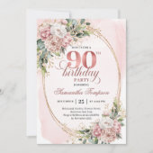 Soft Pale Pink Gold Greenery 90th Birthday Invites Einladung (Vorderseite)