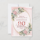 Soft Pale Pink Gold Greenery 90th Birthday Thanks Dankeskarte (Vorderseite)