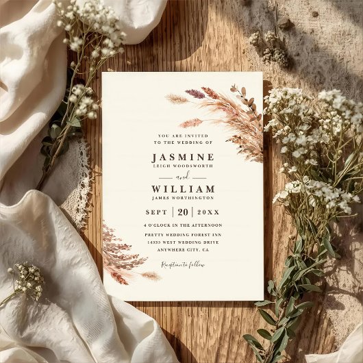 Soft Pampas Botanisches Boho QR-Code Hochzeit Einladung