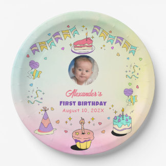 Soft Pastel Baby Boy 1st Birthday Photo Plates Pappteller