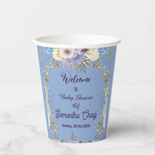 Soft Pastel Blue Flowers Lilac Floral Baby Dusche Pappbecher (Vorderseite)