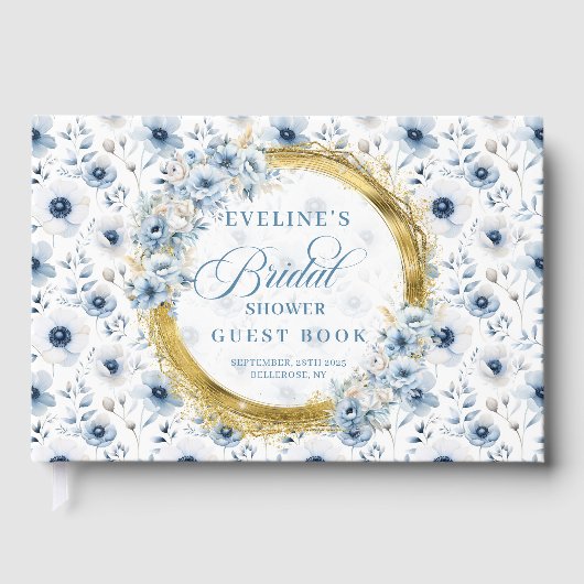 Soft Pastel Blue Gold Boho Wild Blume Gästebuch (Vorderseite)