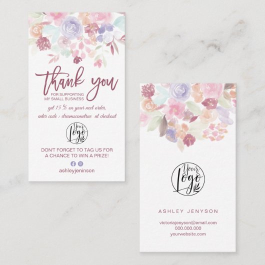 Soft pastel floral Skript-Logo-Bestellung Vielen D Visitenkarte (Vorne/Hinten)