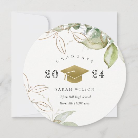 Soft Pastel Gold Green Foliage Graduation Cap Einladung (Vorderseite)