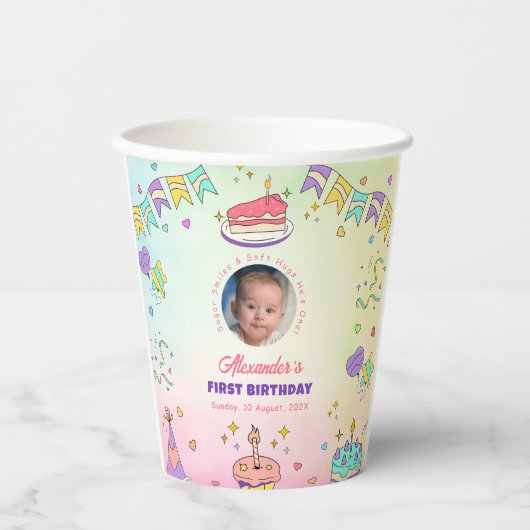 Soft Pastel Joy – Baby Boy 1st Birthday Photo Cups Pappbecher (Vorderseite)