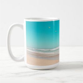 Soft Pastel Ocean Sandy Beach Sky Flying Seagulls Kaffeetasse