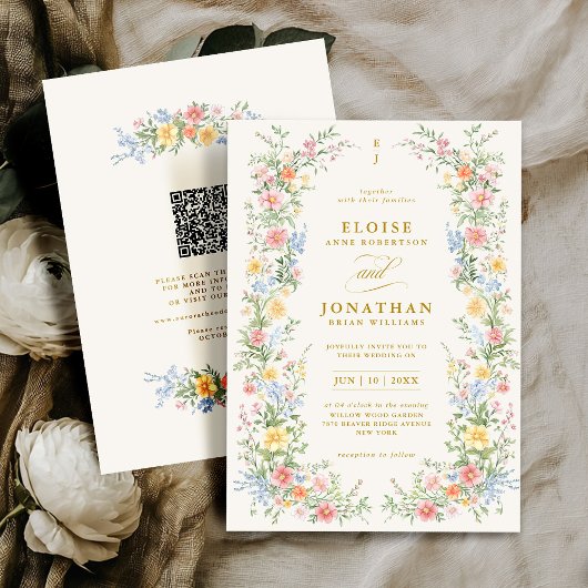 Soft Pastel Ornate Spring Floral QR Code Wedding Einladung