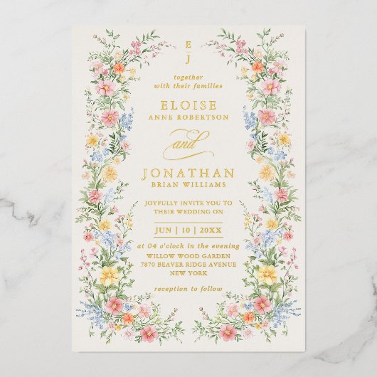 Soft Pastel Ornate Spring Floral QR Code Wedding Folieneinladung (Vorderseite)