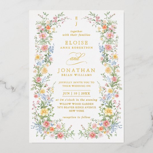 Soft Pastel Ornate Spring Floral QR Code Wedding Folieneinladung (Vorderseite)