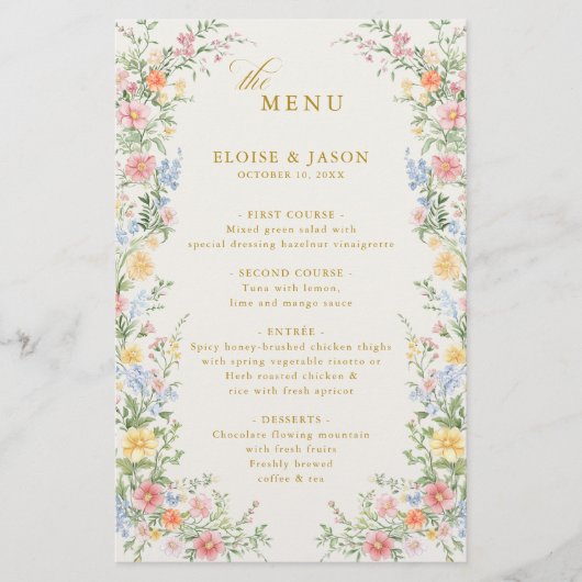 Soft Pastel Ornate Spring Garden Gold Wedding Menu (Vorderseite)