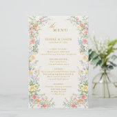 Soft Pastel Ornate Spring Garden Gold Wedding Menu (Stehend Vorderseite)